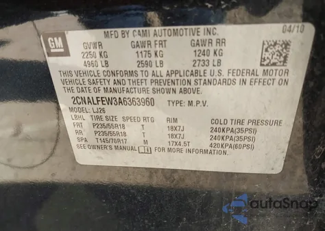 2010 Chevrolet Equinox Ltz from USA, damaged, VIN 2CNALFEW3A6363960